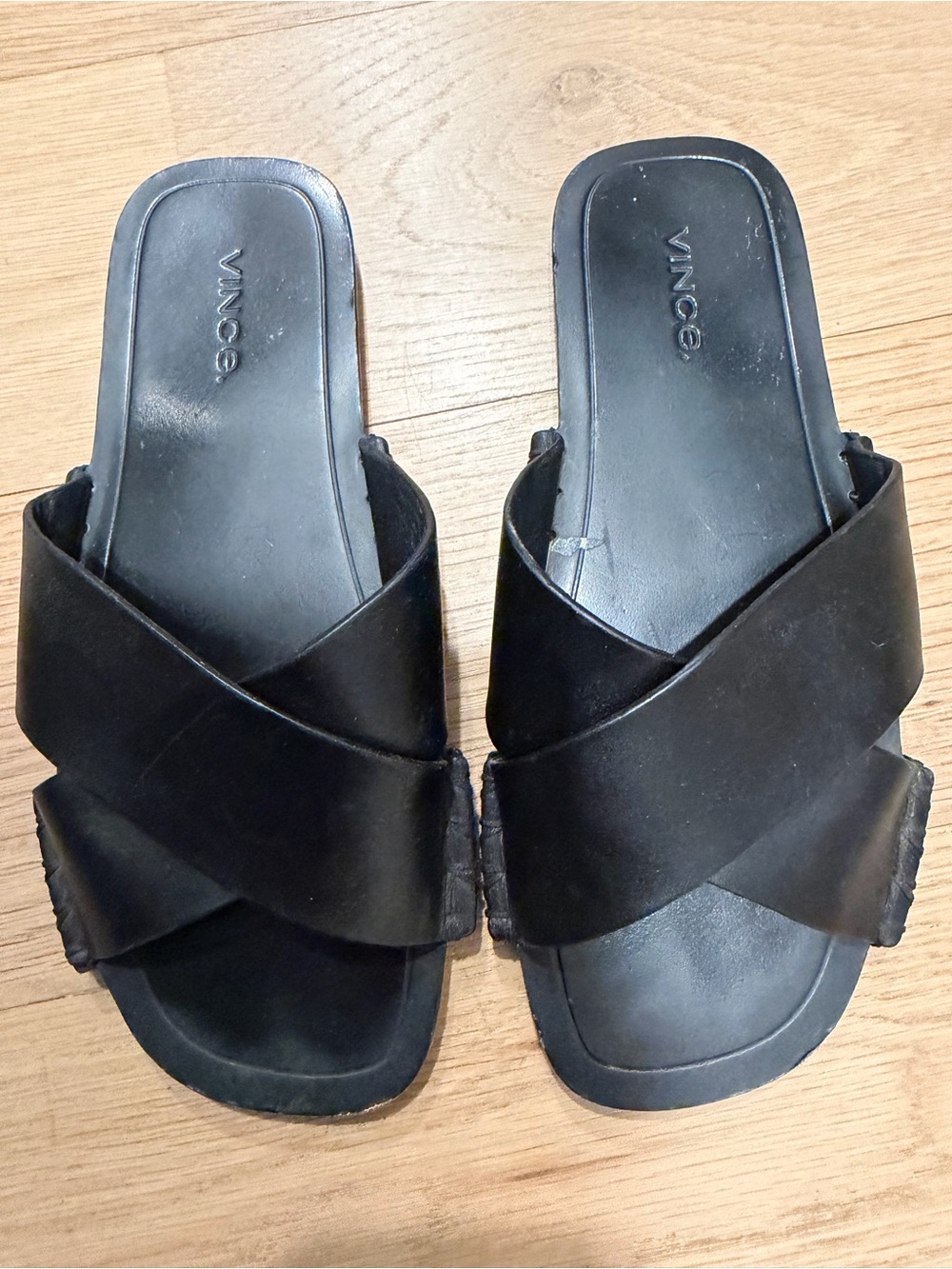 Vince Black Crisscross Leather Slide Sandals